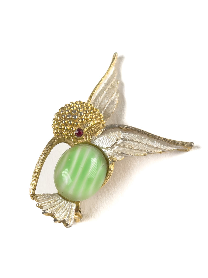 Vintage JJ Hummingbird Brooch With Green Glass Belly