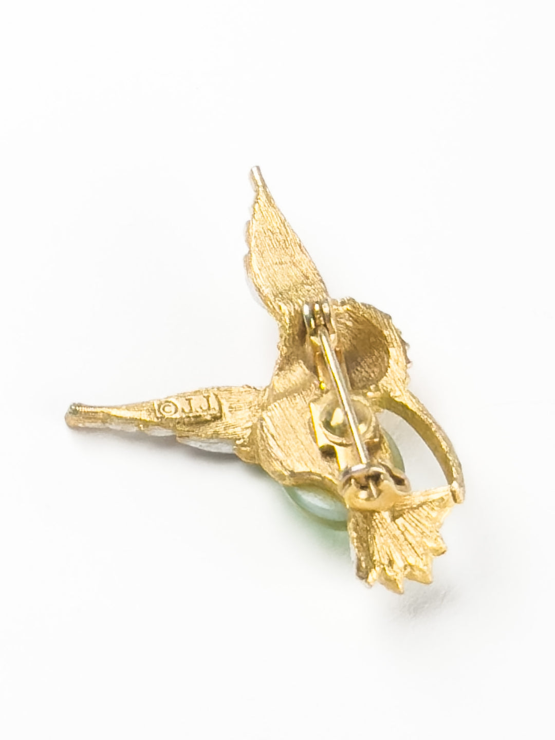 Vintage JJ Hummingbird Brooch With Green Glass Belly