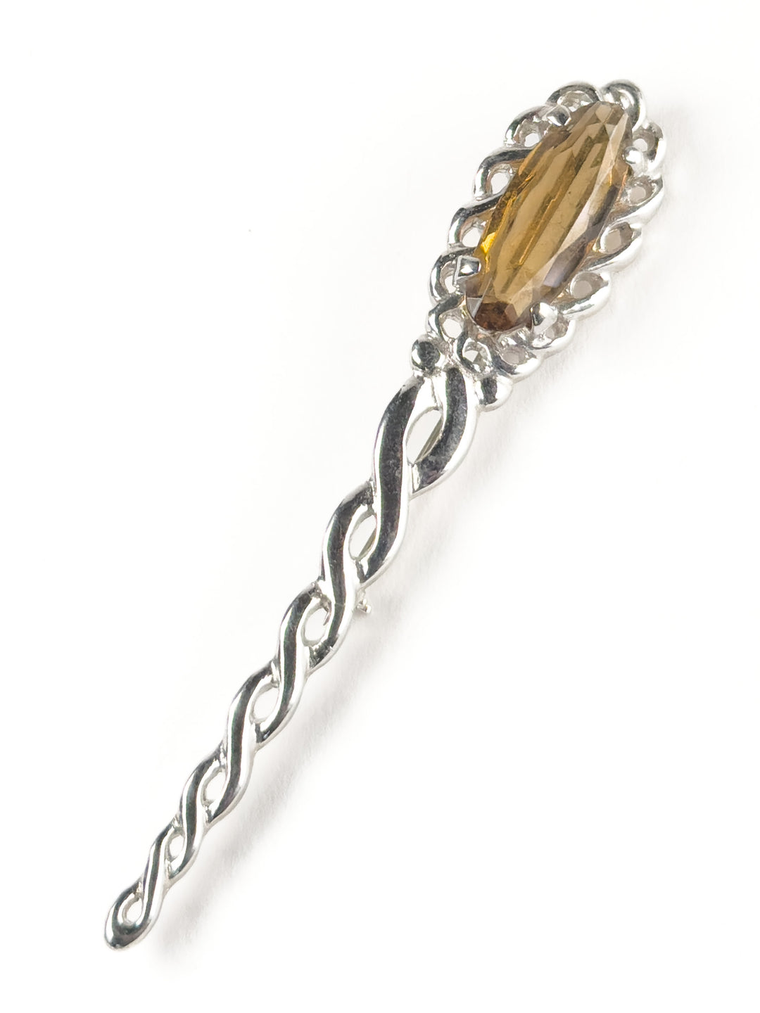 Vintage Silver Tone Amber Marquise Glass Brooch