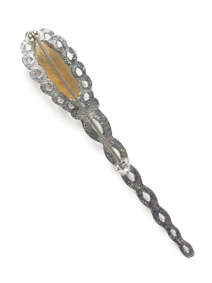 Vintage Silver Tone Amber Marquise Glass Brooch