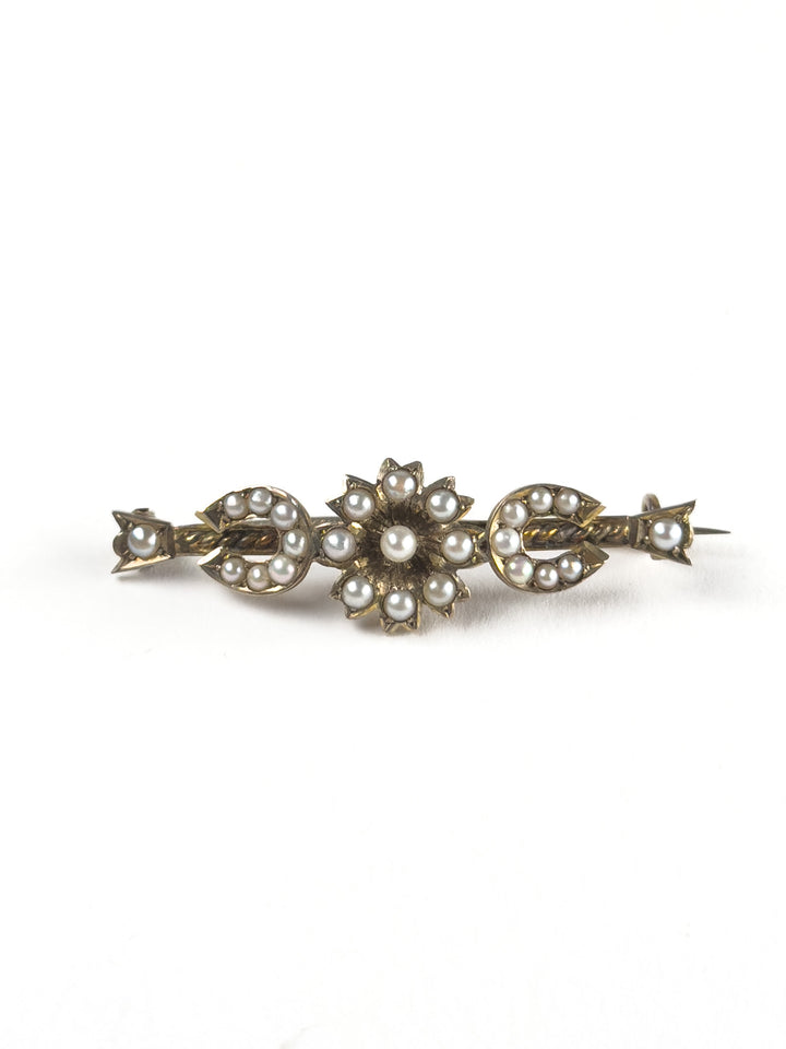Antique Victorian Horseshoe Bar Brooch With Seed Pearls and Floral Center