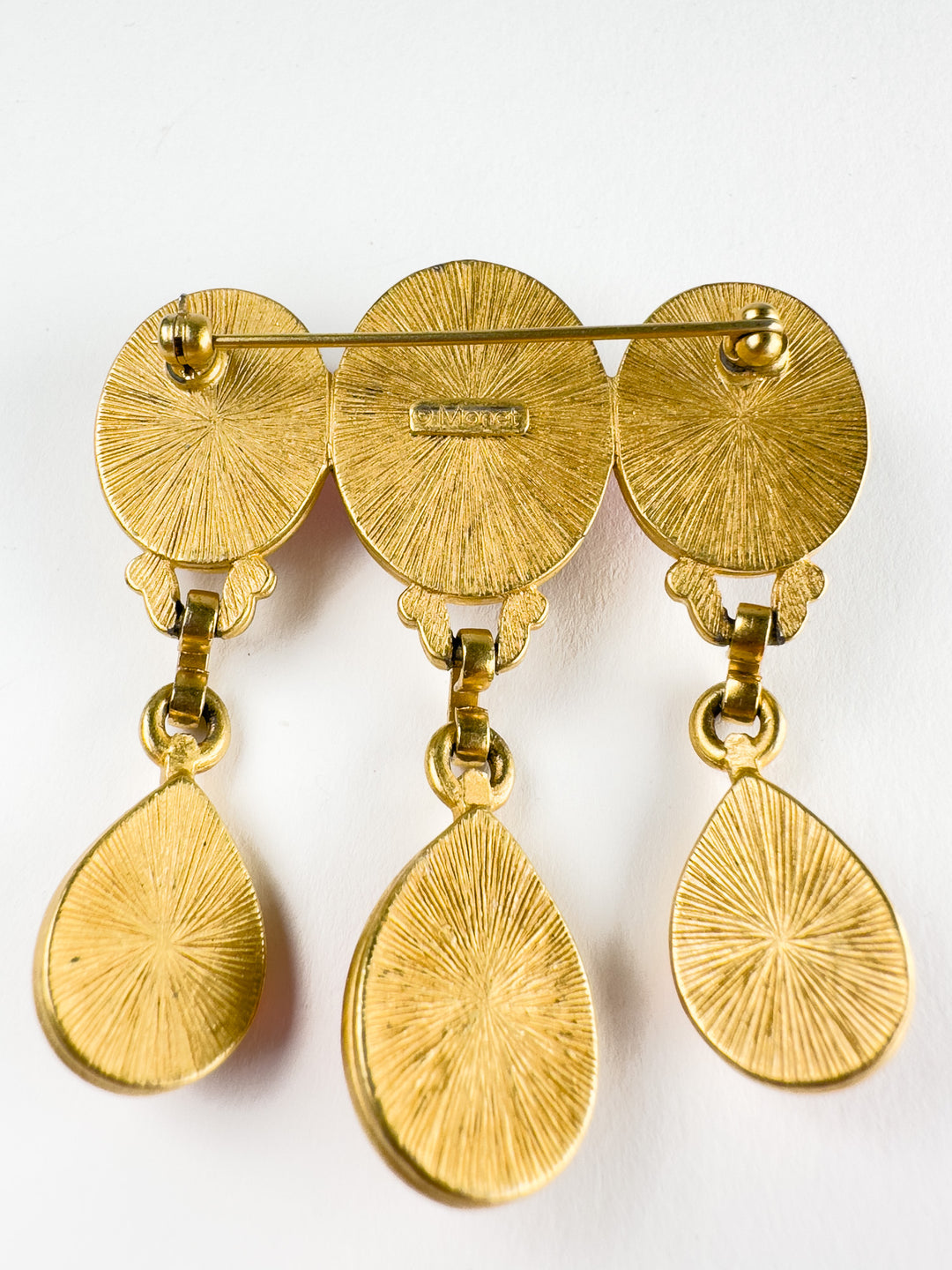 Vintage Monet Dangle Brooch With Red & Purple Glass Cabochons