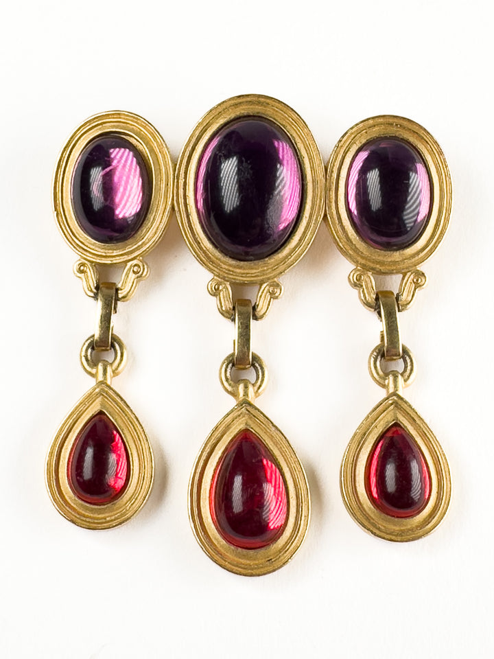 Vintage Monet Dangle Brooch With Red & Purple Glass Cabochons