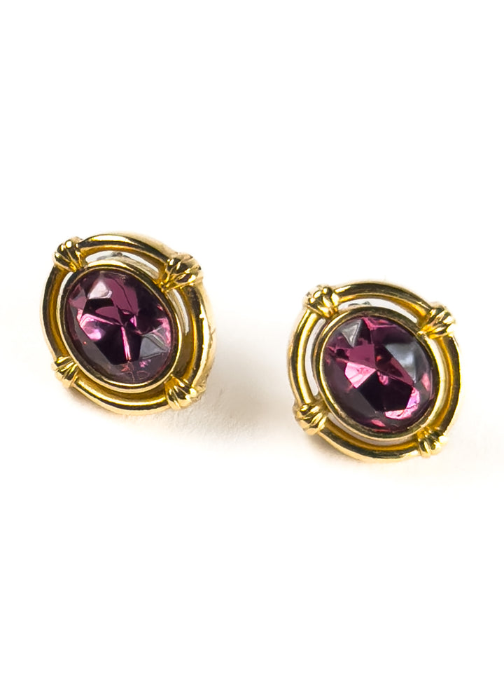 Vintage 80s Gold Tone Earrings with Purple Glass Stones