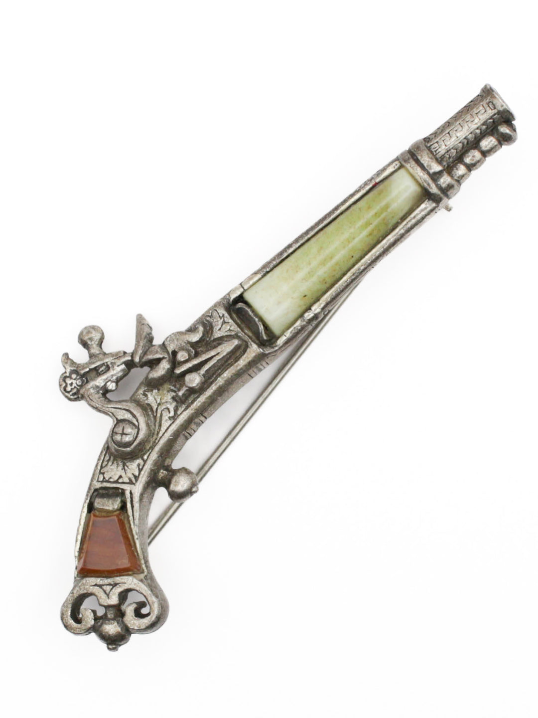 1930s Scottish Agate Gun Brooch – Antique Silver-Tone Pistol Pin