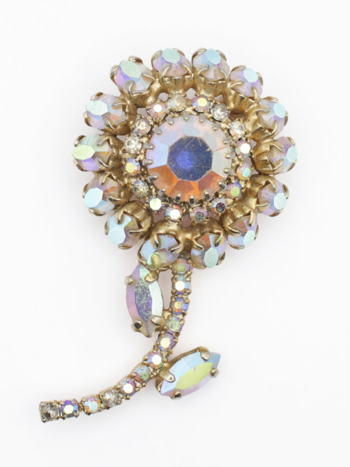 1950s Aurora Borealis Rhinestone Flower Brooch – Vintage Iridescent Floral Pin