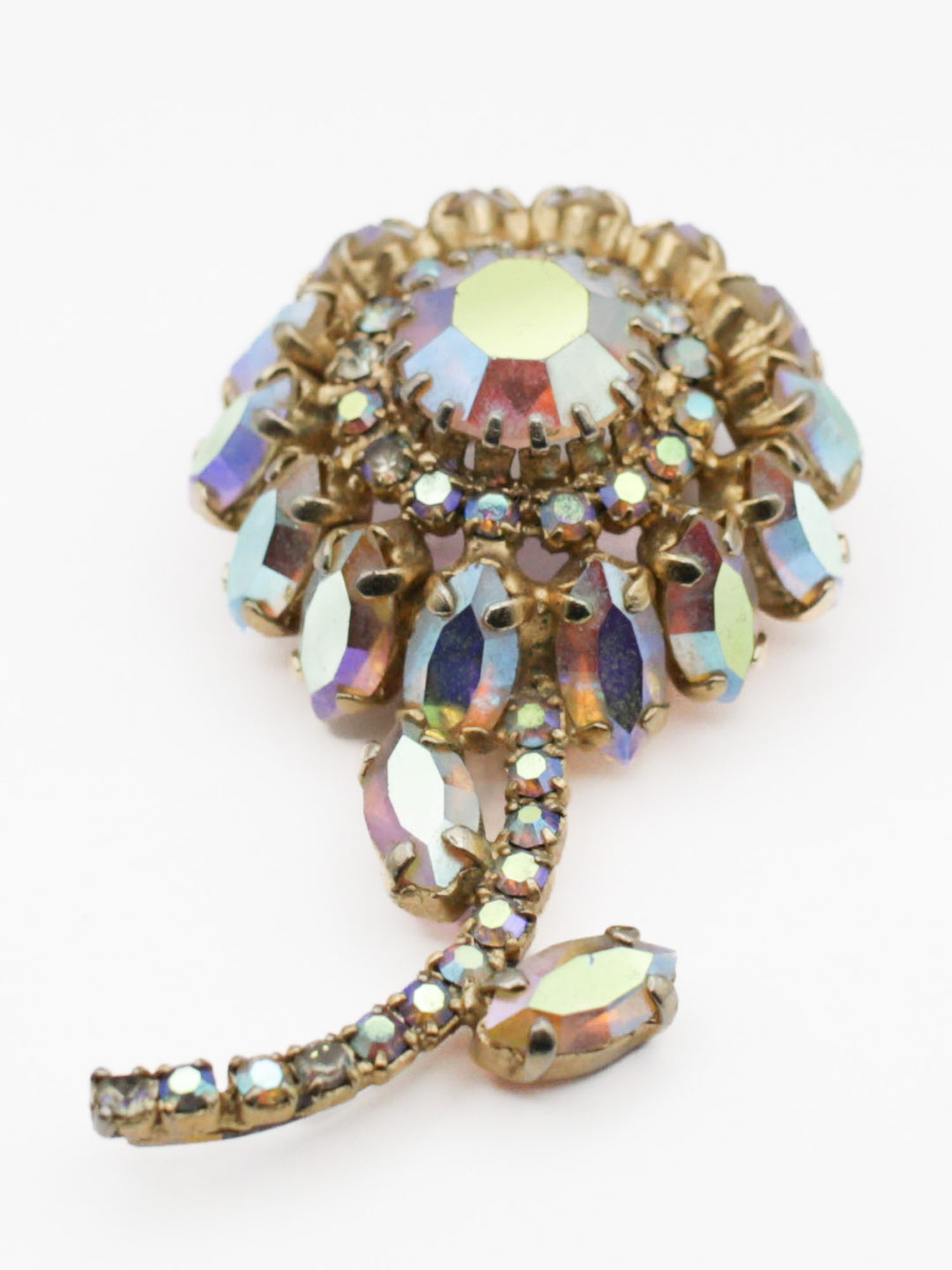 1950s Aurora Borealis Rhinestone Flower Brooch – Vintage Iridescent Floral Pin
