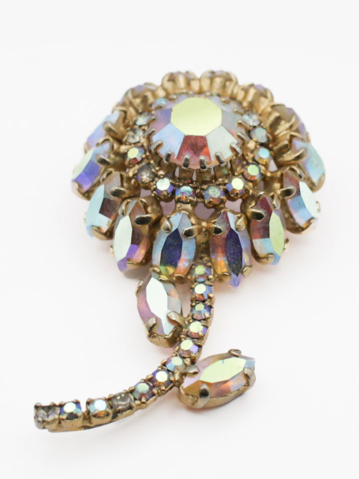 1950s Aurora Borealis Rhinestone Flower Brooch – Vintage Iridescent Floral Pin