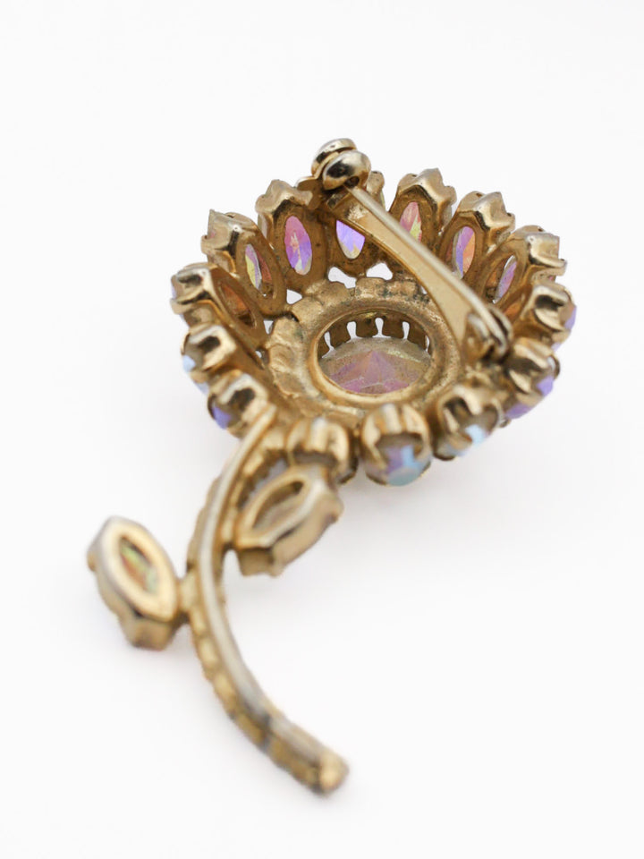 1950s Aurora Borealis Rhinestone Flower Brooch – Vintage Iridescent Floral Pin