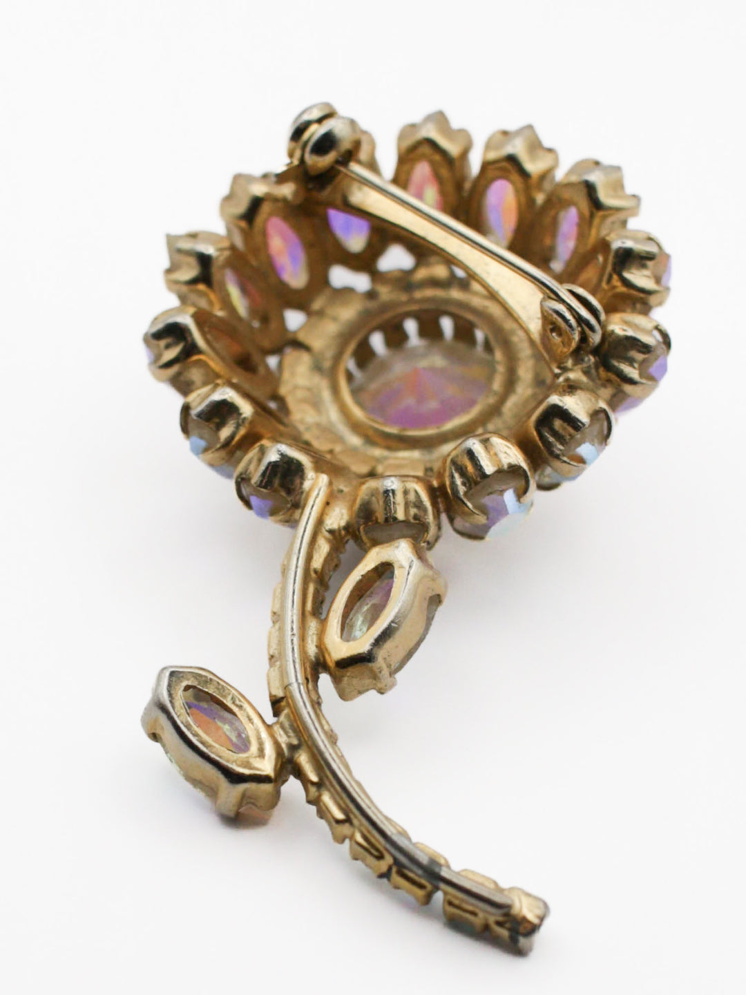 1950s Aurora Borealis Rhinestone Flower Brooch – Vintage Iridescent Floral Pin
