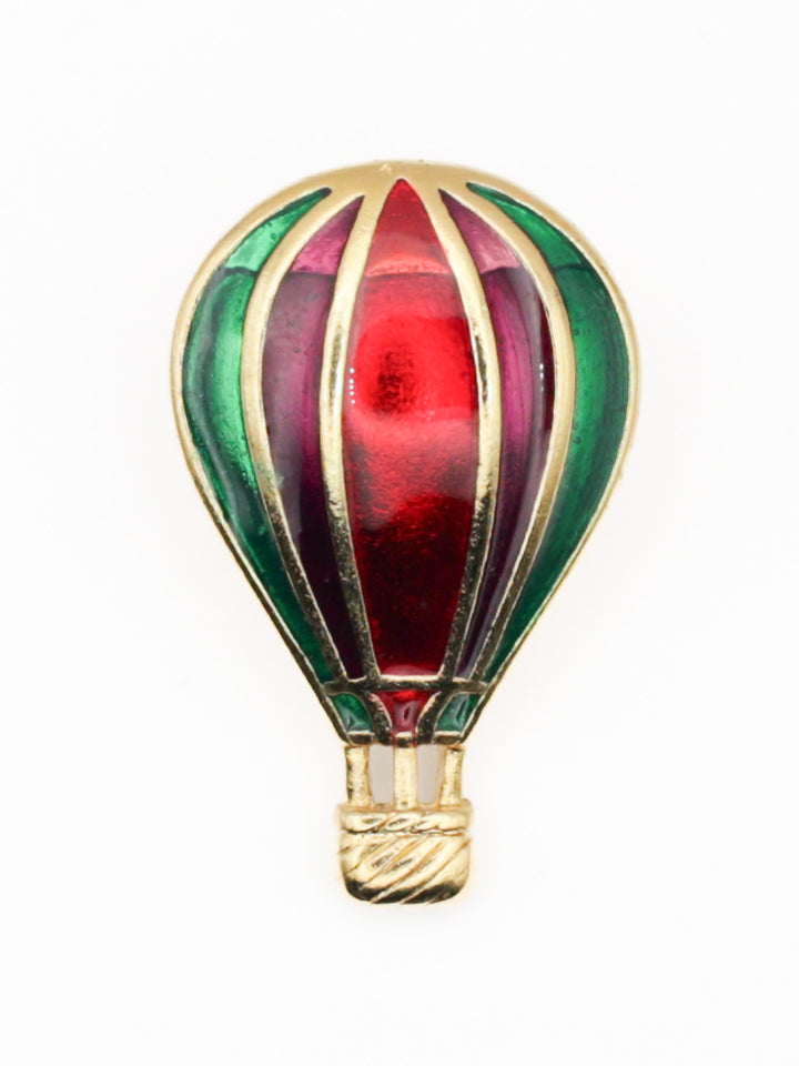 Vintage Enamel Hot Air Balloon Brooch – Red & Green Gold Tone Pin 1980s