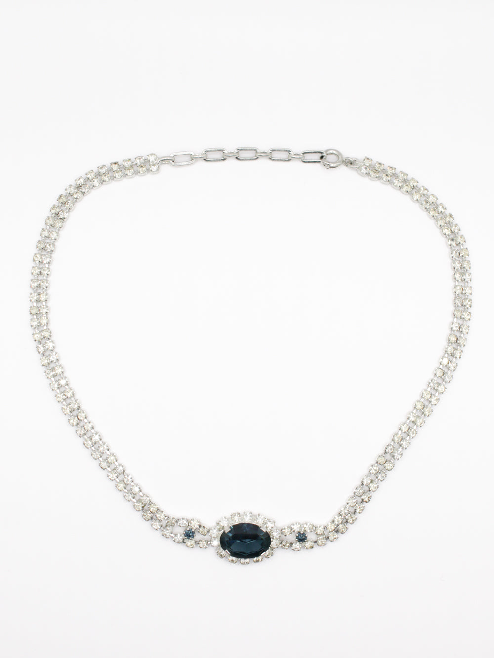 Vintage 60s Silver Tone Rhinestone Necklace with Blue Center Stone