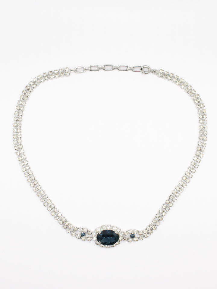 Vintage 60s Silver Tone Rhinestone Necklace with Blue Center Stone