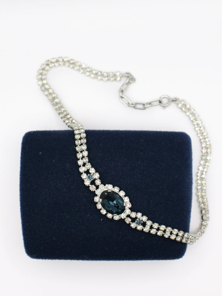 Vintage 60s Silver Tone Rhinestone Necklace with Blue Center Stone