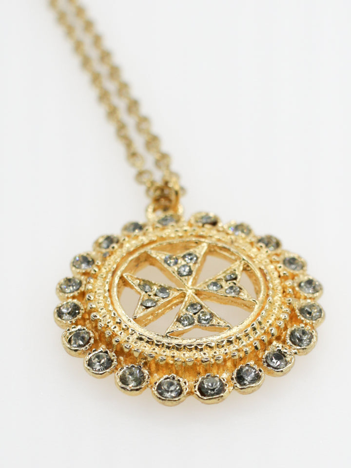 Vintage Gold Tone Pinwheel Pendant Necklace With Rhinestones