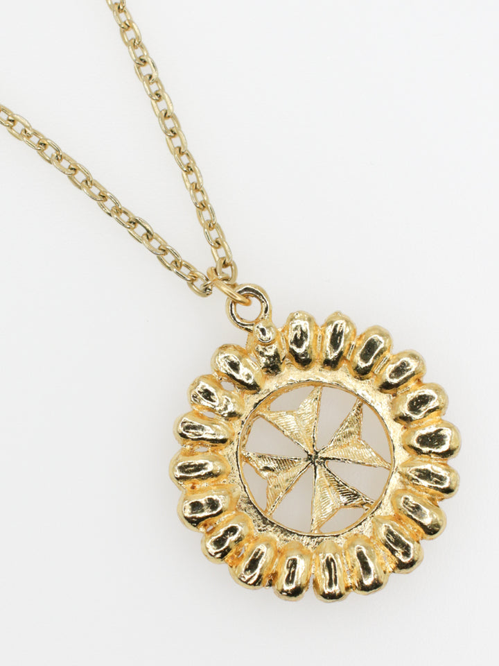 Vintage Gold Tone Pinwheel Pendant Necklace With Rhinestones