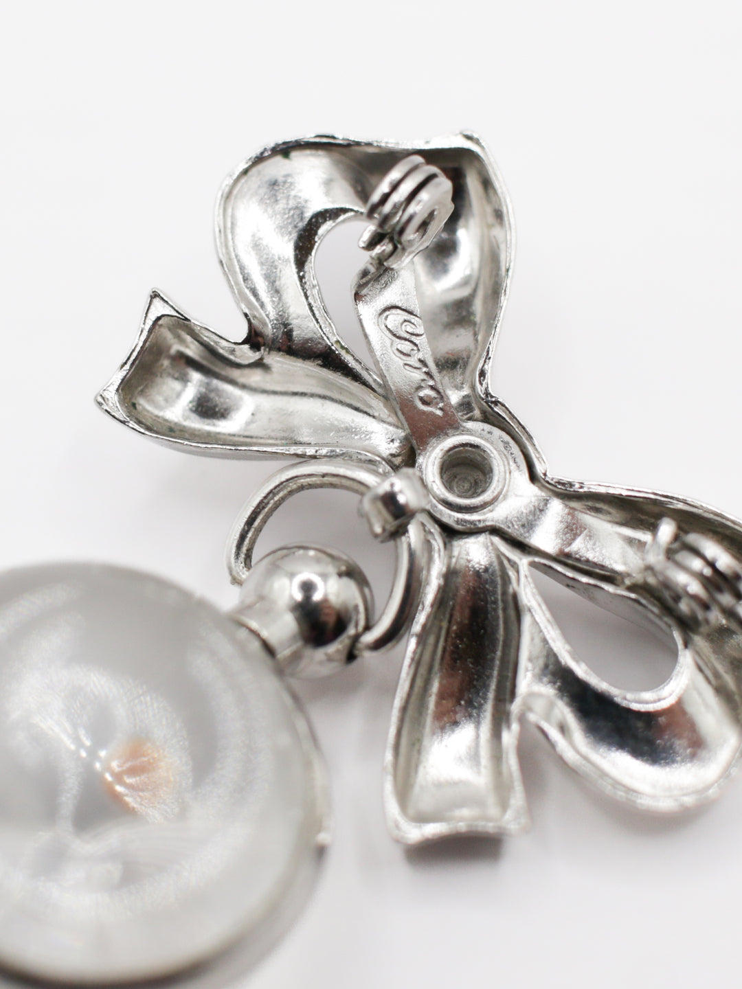 1950s Silver Tone Bow Brooch With Glass Pearl Drop