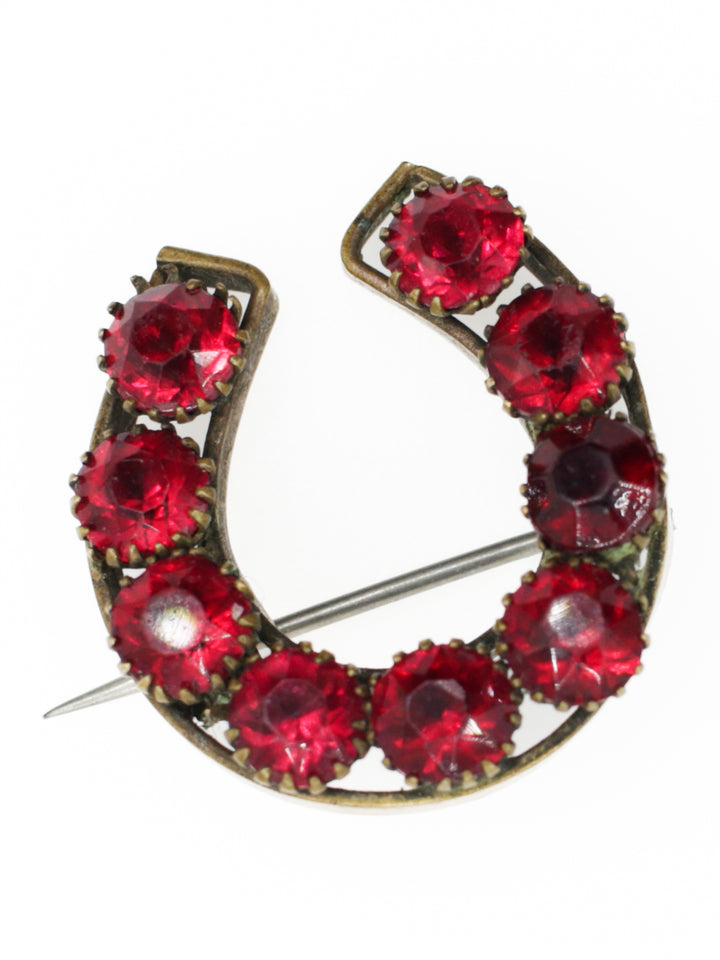 Victorian Red Rhinestone Horseshoe Brooch