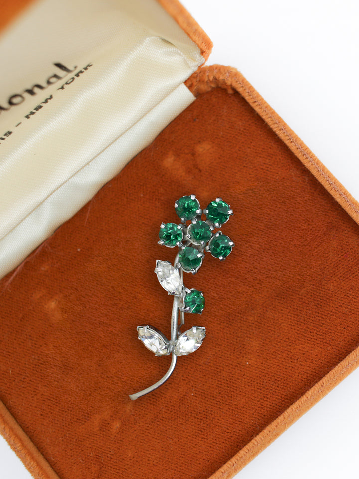 Mid Century Green Crystal Flower Brooch