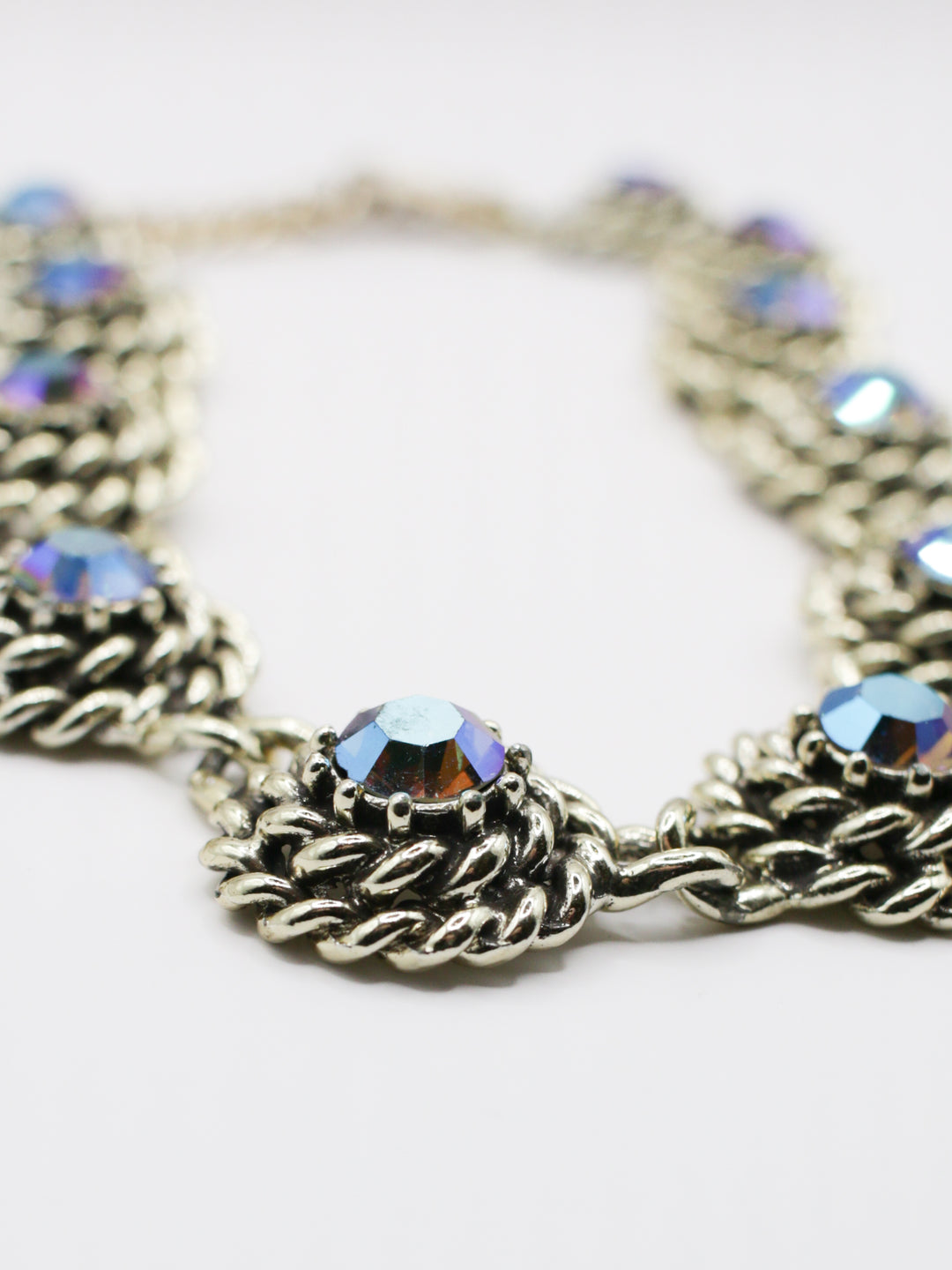 Vintage Silver Tone Rope Link Necklace With Aurora Borealis Crystals