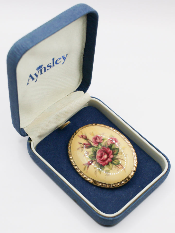 Vintage Gold Tone Floral Porcelain Brooch