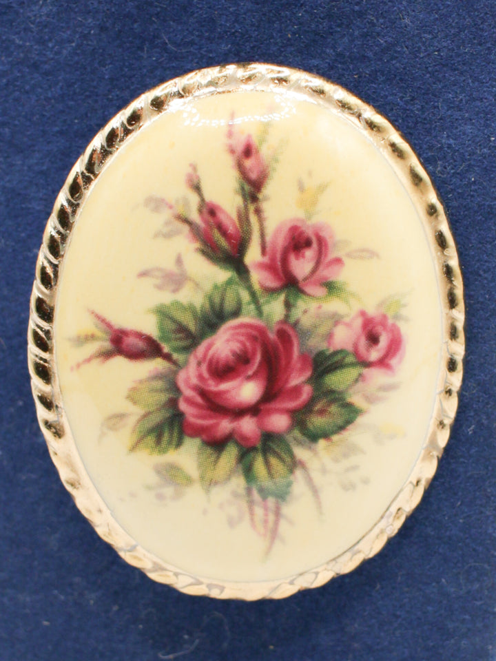 Vintage Gold Tone Floral Porcelain Brooch