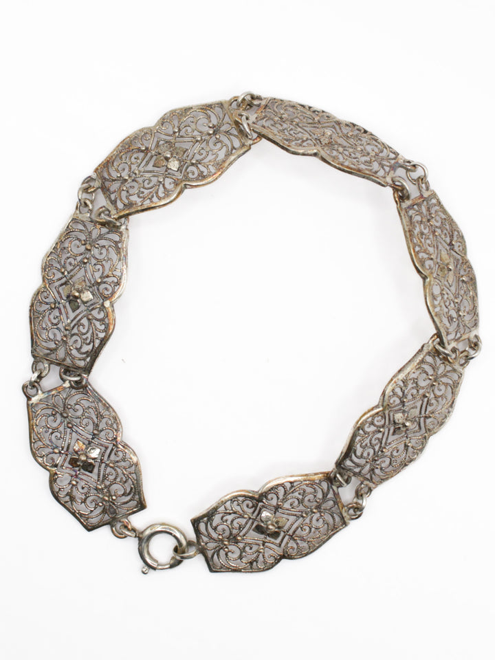 Vintage S835 Silver Filigree Link Bracelet Floral Design
