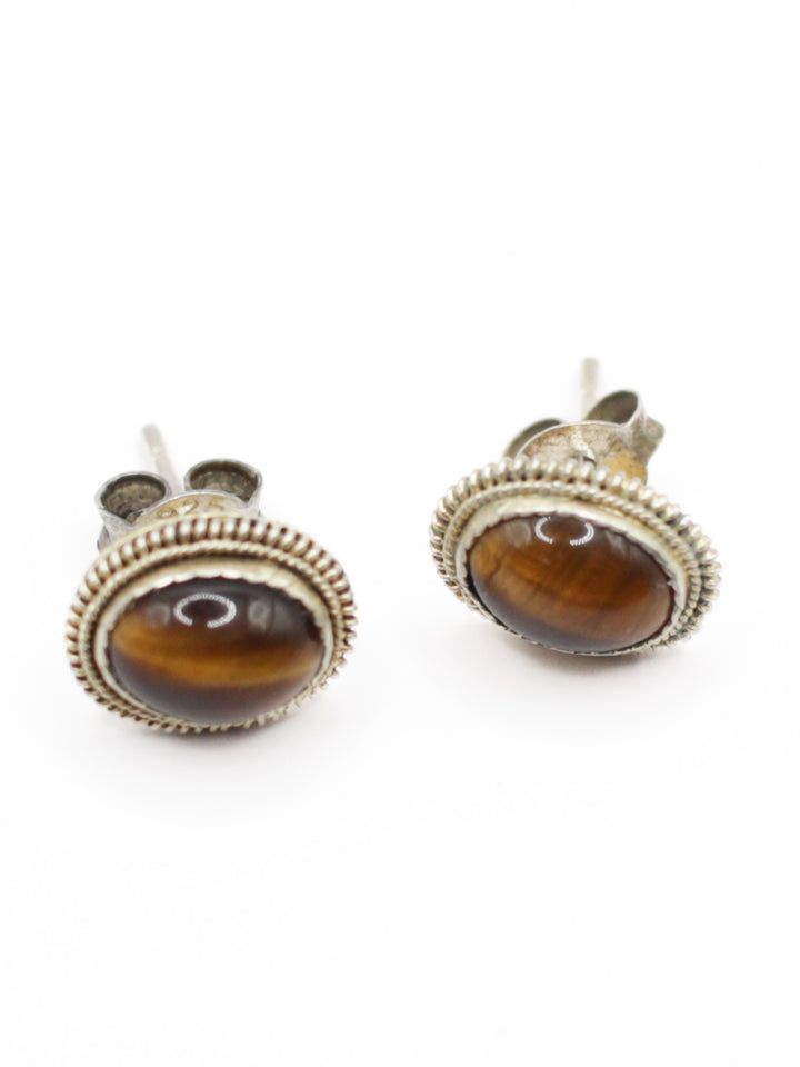 Vintage 925 Silver Tiger Eye Stud Earrings