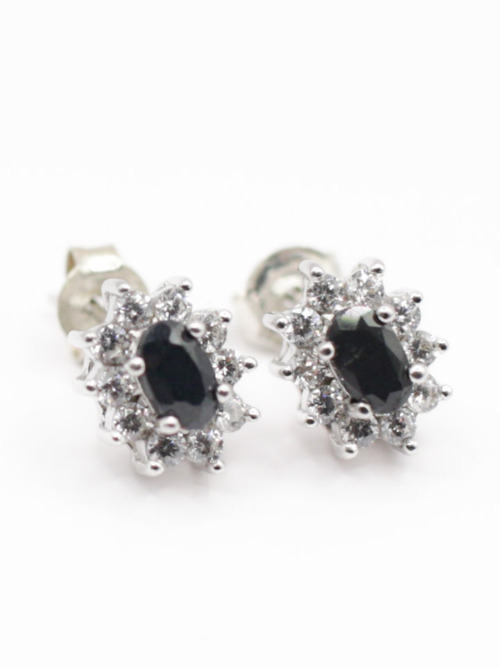 Vintage Silver Black Cubic Zirconia Halo Stud Earrings