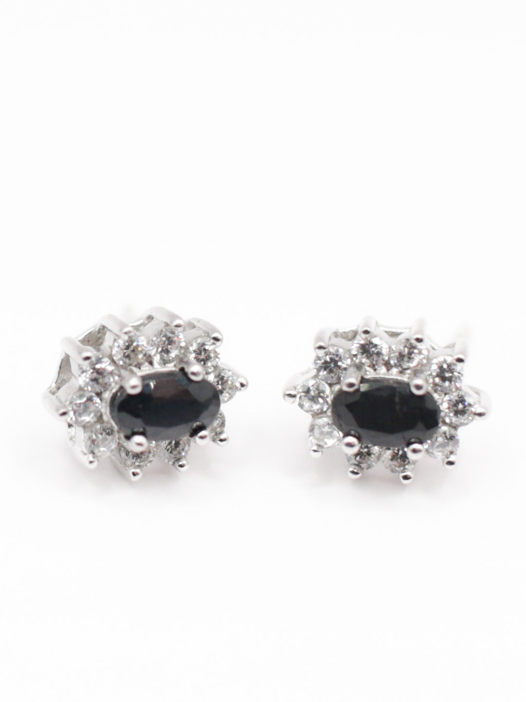 Vintage Silver Black Cubic Zirconia Halo Stud Earrings