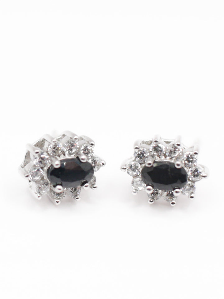 Vintage Silver Black Cubic Zirconia Halo Stud Earrings