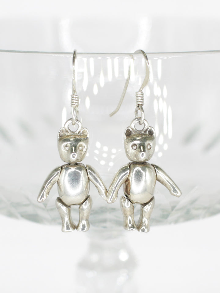 Vintage Silver Articulated Teddy Bear Drop Earrings