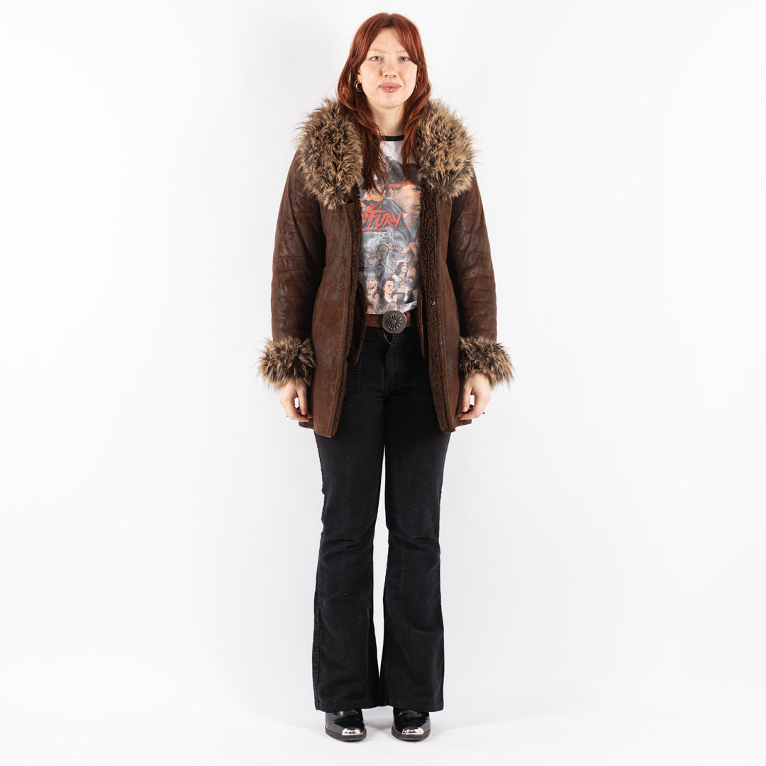 Vintage 90's Women Faux Sheepskin Coat in Brown