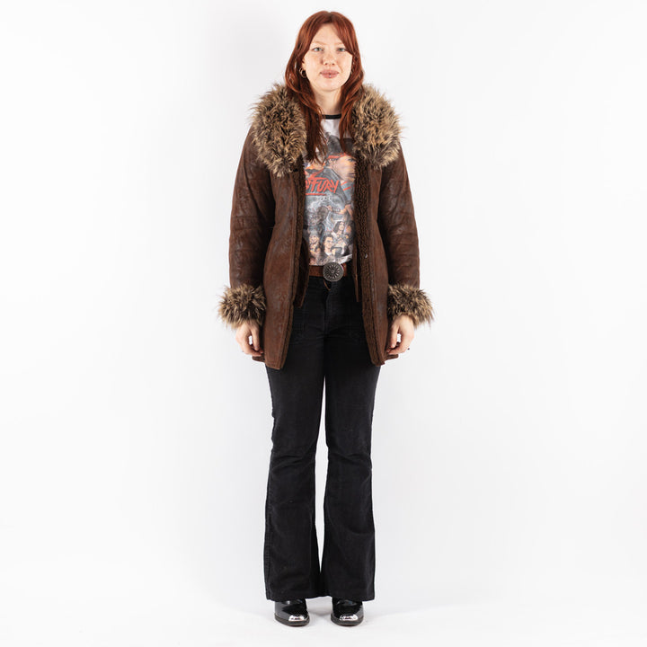 Vintage 90's Women Faux Sheepskin Coat in Brown
