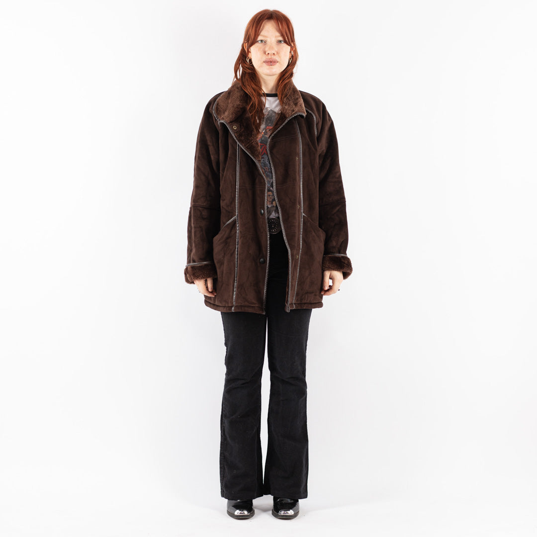 Vintage 90's Women Faux Sheepskin Coat in Brown