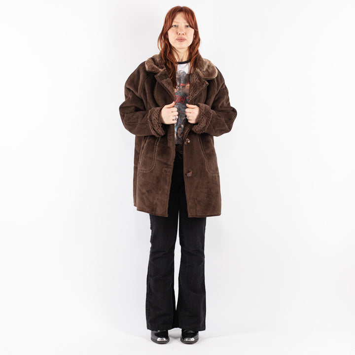 Vintage 90's Women Faux Sheepskin Coat in Brown