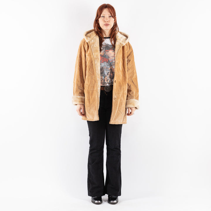 Vintage 90's Women Suede Sherpa Coat in Beige