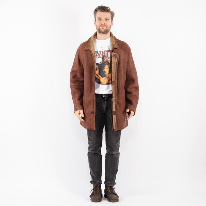 Vintage 80's Men Sheepskin Shearling Coat in Brown