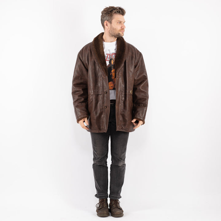 Vintage 90's Men Faux Sheepskin Coat in Brown