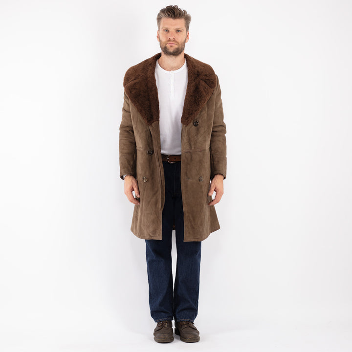 Vintage Men Sheepskin Shearling Coat in Brown