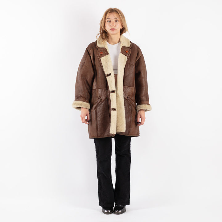 Vintage 80's Women Sheepskin Shearling Coat in Brown