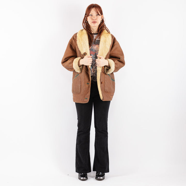 Vintage 80's Women Sheepskin Shearling Coat in Brown