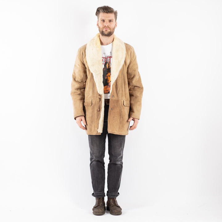 Vintage 90's Men Sheepskin Shearling Coat in Beige