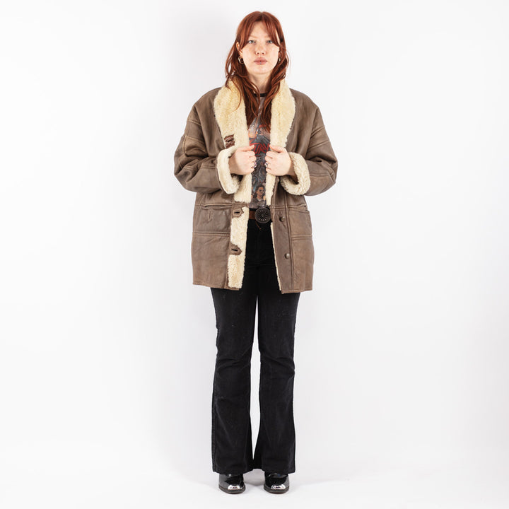 Vintage 80's Women Sheepskin Shearling Coat in Brown