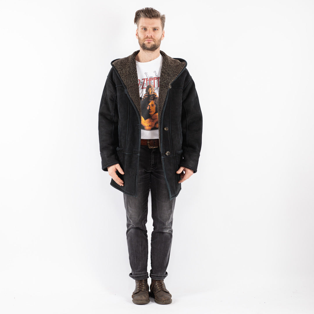 Vintage 90's Men Sheepskin Coat in Black