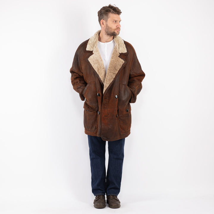 Vintage 80's Men Sheepskin Shearling Coat in Brown