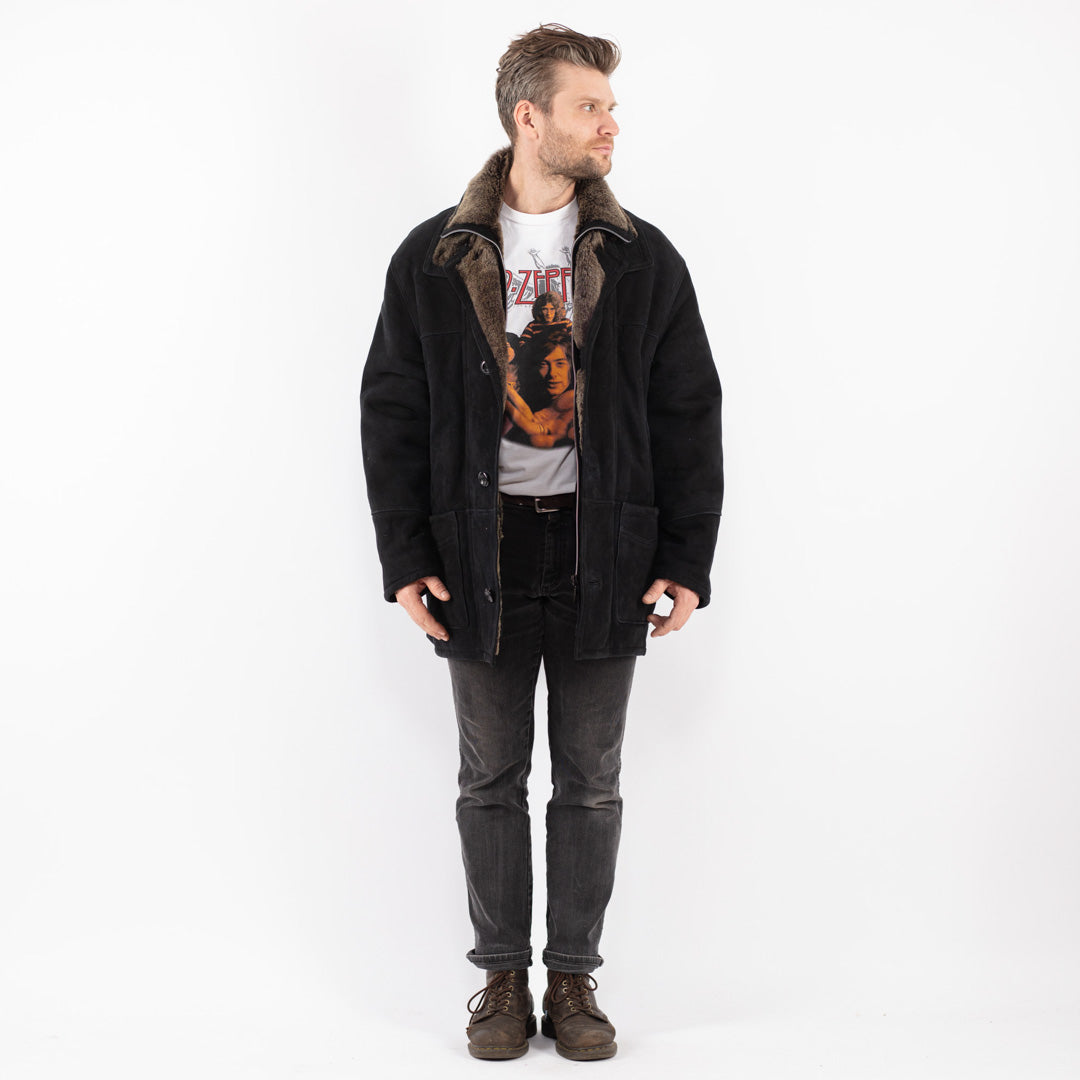 Vintage 90's Men Sheepskin Coat in Black