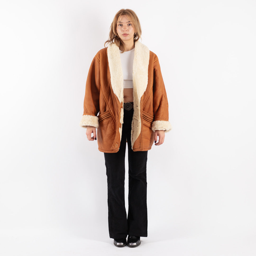 Vintage 80's Women Sheepskin Shearling Coat in Brown