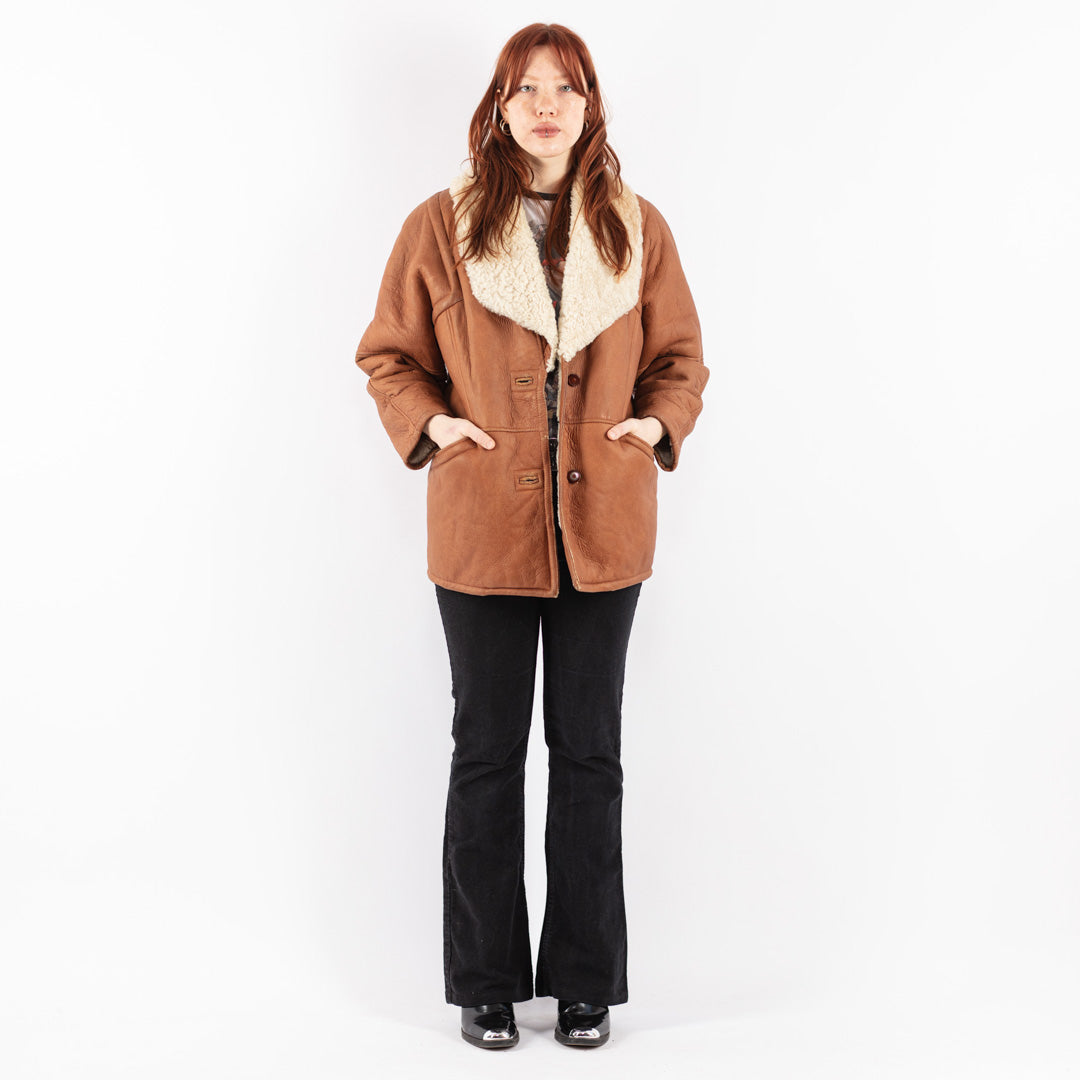 Vintage 80's Women Sheepskin Shearling Coat in Brown