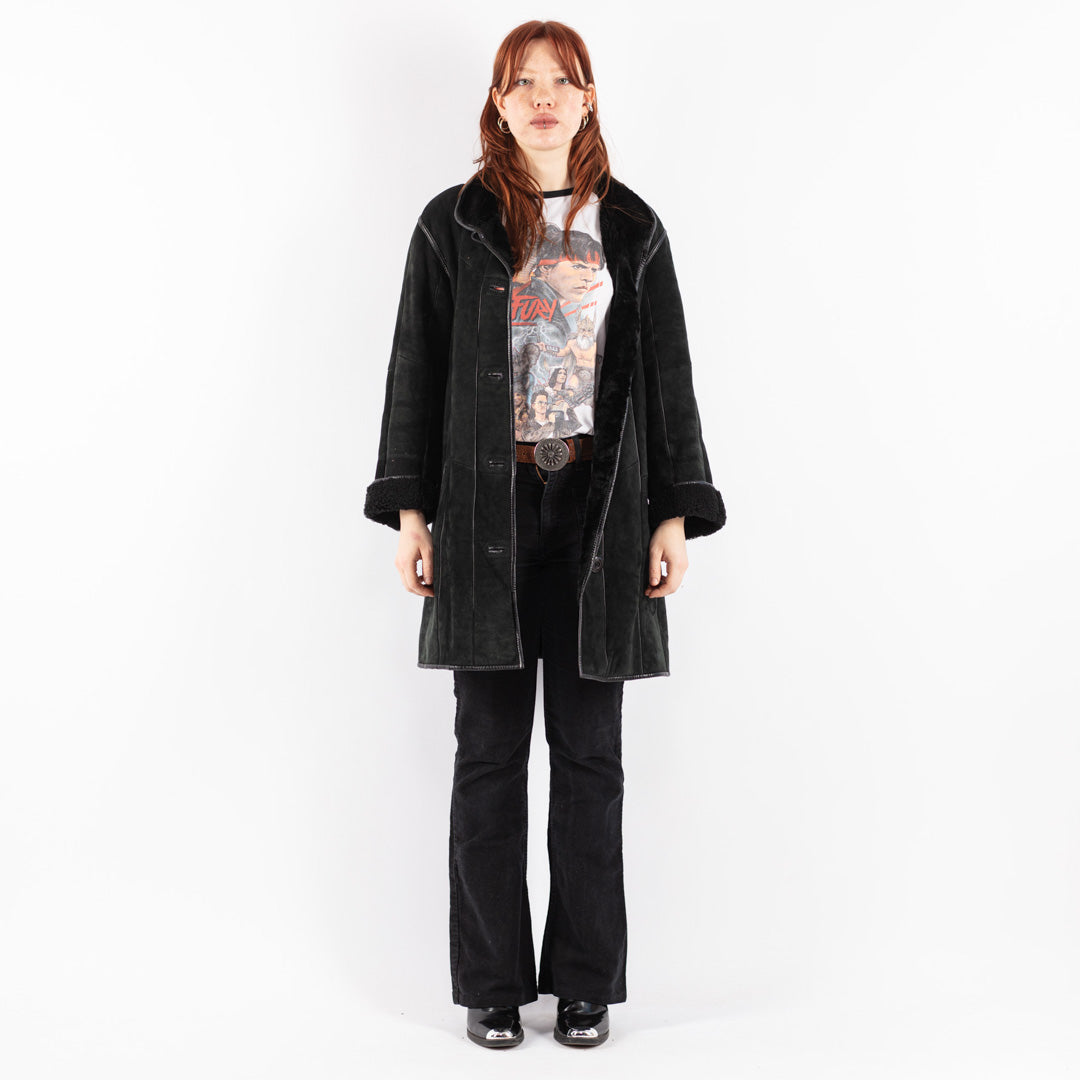 Vintage 80's Women Sheepskin Coat in Black